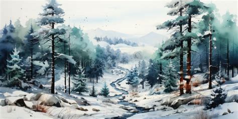 A Watercolor Painting of a Snowy Mountain Scene. Stock Image - Image of ...