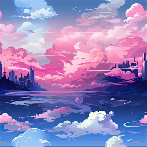 Premium Photo | Anime sky backdrop of pink city with clouds and a ...