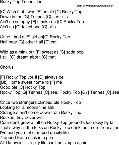 Old time song lyrics with guitar chords for Rocky Top Tennessee C