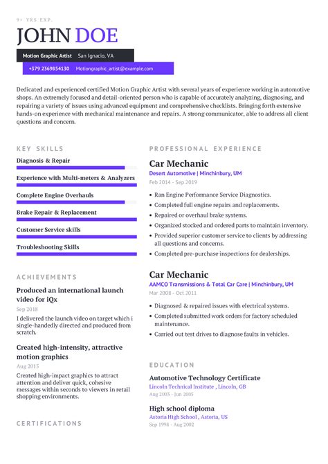 Motion Graphic Artist Resume Example With Content Sample | CraftmyCV