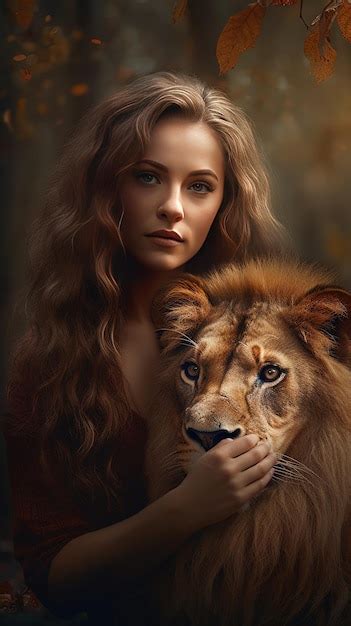 Premium AI Image | A woman with long hair holding a lion and a lion.