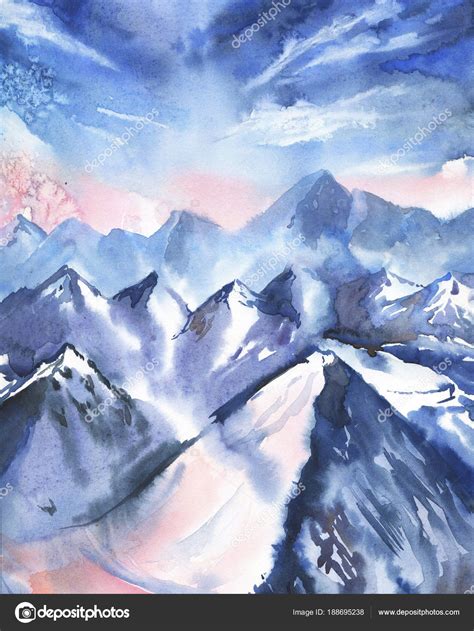 Beautiful Watercolor Painting Winter Landscape Snowy Mountains Stock ...