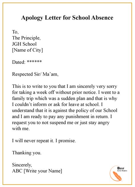 Apology Letter for Absence – Format, Sample Template & Example