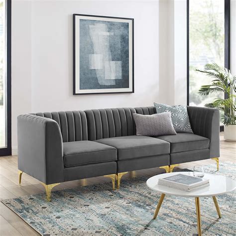 Triumph Channel Tufted Performance Velvet 3-Seater Sofa in Gray - Hyme ...