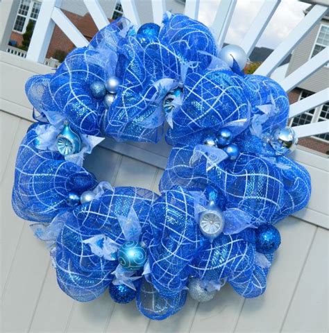 Blue Silver White Christmas Wreath, Blue and White Deco Mesh Wreath ...