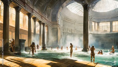 Painting of Ancient roman bathhouse,People wash in the bathhouse ...