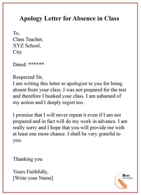 Apology Letter Template for Absence – Format, Sample & Example | Best ...