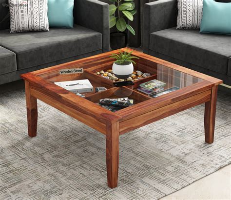 Buy Elevate Sheesham Wood Glass Top Coffee Table with Storage (Honey ...