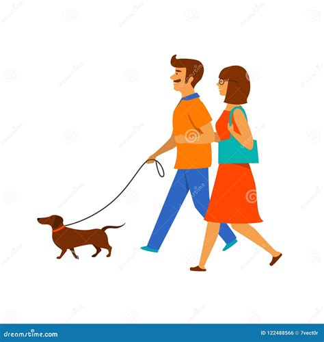 Couple Man And Woman Walking With Their Pet Dachshund Dog Stock