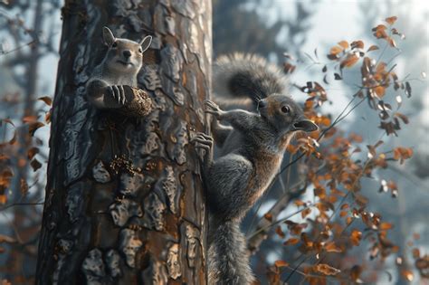 Premium Photo | Furry squirrels climbing trees