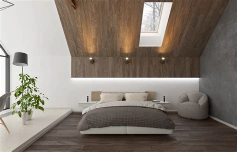 sloped-bedroom-ceiling-with-modern-wood-panels - D.Signers