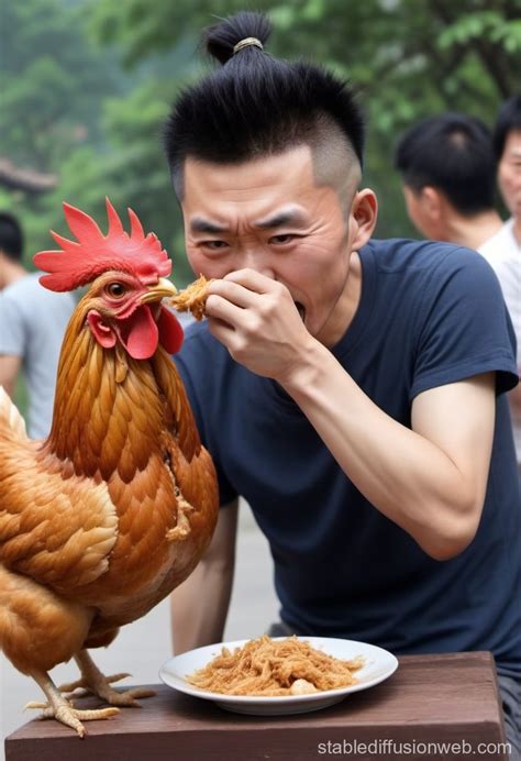 Chinese Man Eating Chicken While Playing with Hair | Stable Diffusion ...