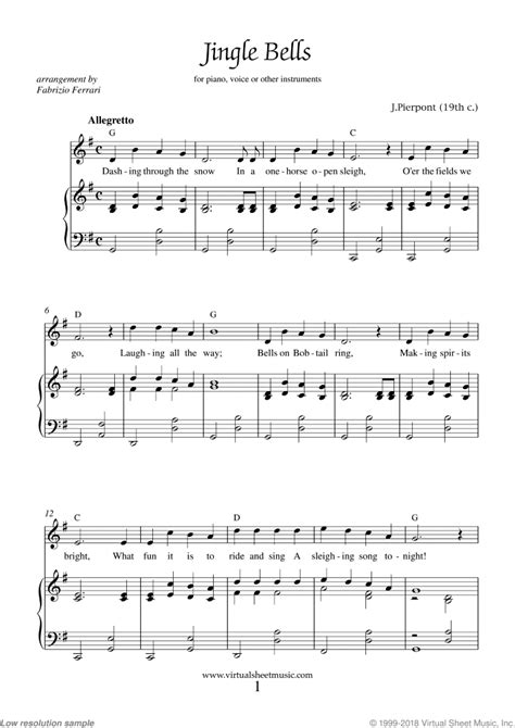 Jingle Bells Piano Sheet Music, Easy with Lyrics [PDF]