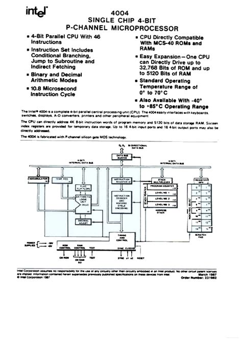 4004 datasheet, microprocessor equivalent, Intel