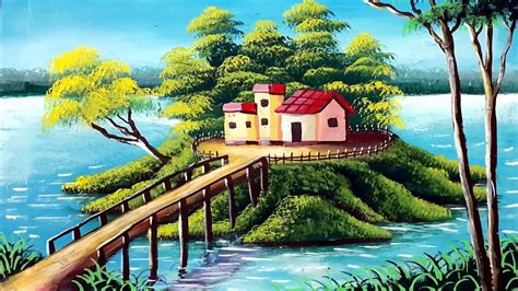 A house in a lake || beautiful nature scenery painting for beginners ...