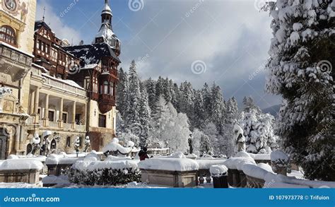 Peles Castle - winter editorial stock photo. Image of plaza - 107973778