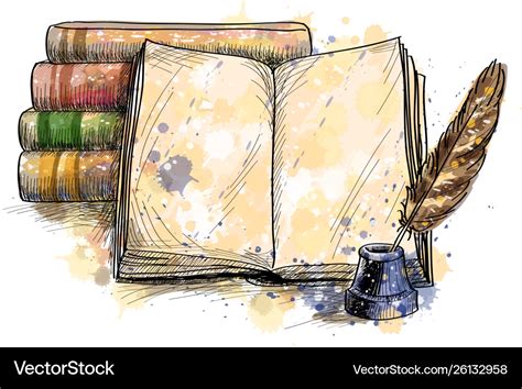 Stack books open book and quill pen Royalty Free Vector