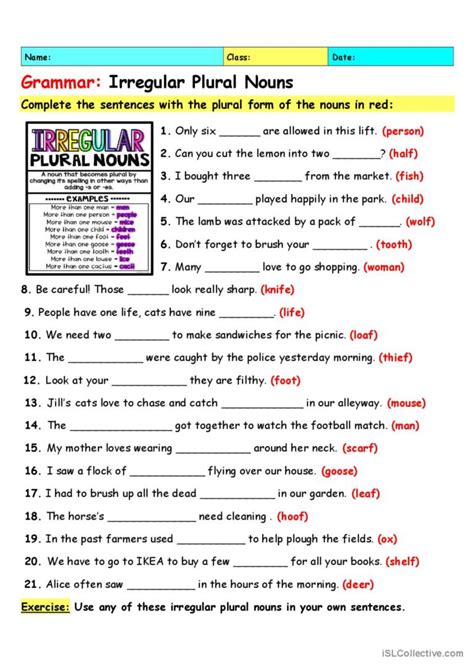 Grammar: Irregular Plural Nouns gene…: English ESL worksheets pdf & doc