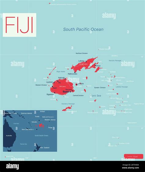 FIJI Mapa detallado editable con regiones ciudades y pueblos ...