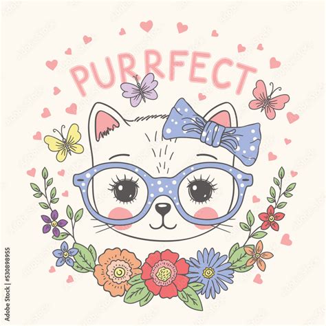 Cute cat face with floral wreath, glasses. Hand drawing vector ...