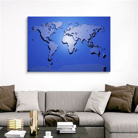 World Map in Blue Canvas Wall Art Print, Map Home Decor | eBay