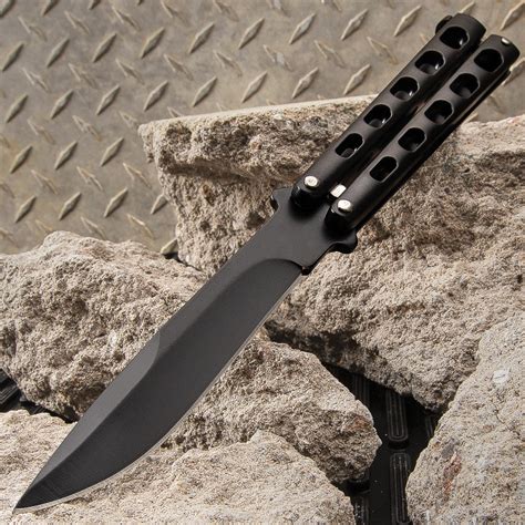 Black Slotted Butterfly Knife Stainless Steel Blade,