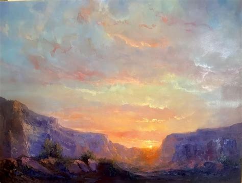 an oil painting of a sunset in the mountains