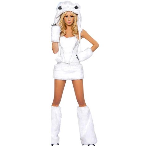 Women sexy white fur animal costume with fur cap Wristbands leg warmer ...