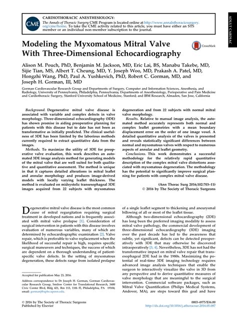 (PDF) Modeling the Myxomatous Mitral Valve With Three-Dimensional ...