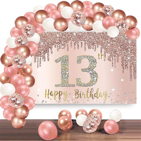 Happy 13th Birthday Banner with Rose Gold Balloon Arch & Pink Photo ...