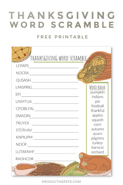 Free Printable Thanksgiving Word Scramble