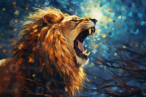 An Angry Lion with an Open Mouth and Sharp Teeth Roars in the Thicket ...