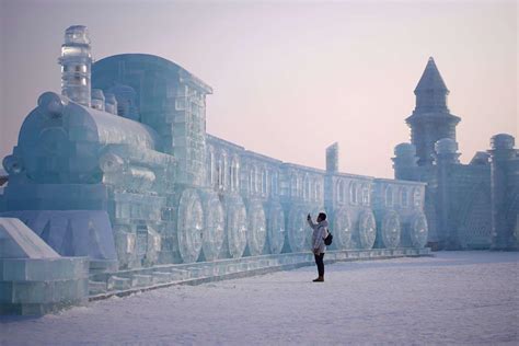 Giant train sculpture made of ice in Harbin, China : r/interestingasfuck