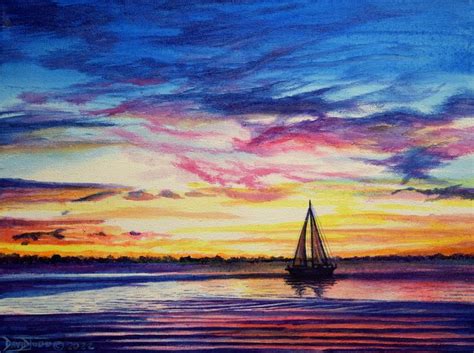 a painting of a sailboat on the water at sunset with clouds in the sky