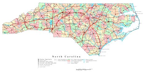 Large detailed administrative map of North Carolina state with roads ...