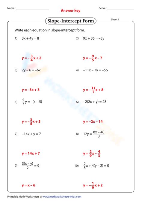 Free Answer Key Slope Intercept Form Worksheet Collection