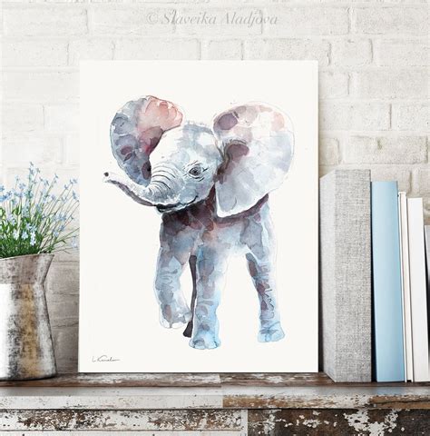 Baby Elephant Watercolor Print, Baby Nursery Prints by Luke Kanelov