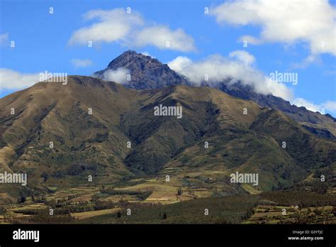 The volcano, Mount Cotacachi, in the Andes Mountains near Cotacachi ...