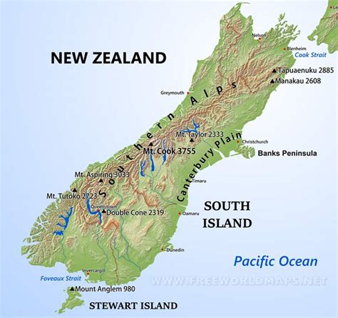 Physical map of New Zealand South Island