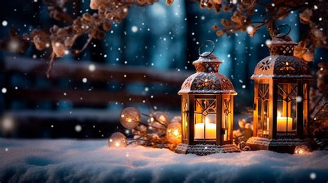 Premium AI Image | Christmas Lantern in snow with winter forest ...