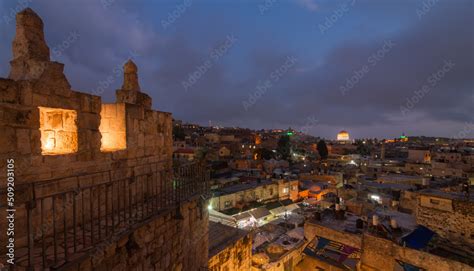 Jerusalem Old City night panorama from Damascus gate Stock Photo ...