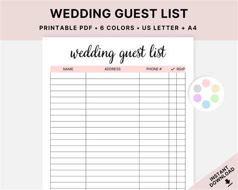 Printable Wedding Guest List Wedding Planner Event Planning - Etsy Ireland