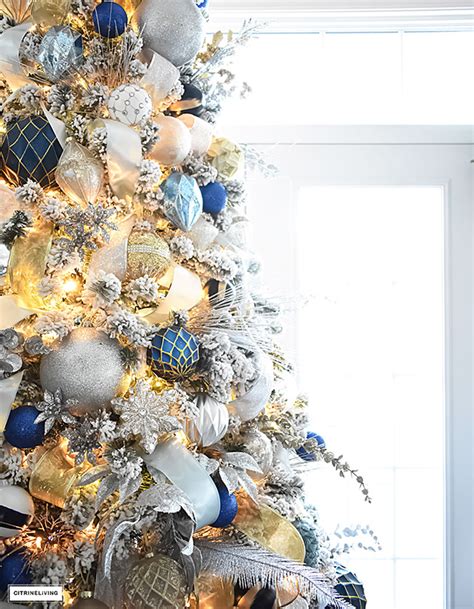 Flocked Christmas Tree Decor: Blue, Silver + Gold - CitrineLiving