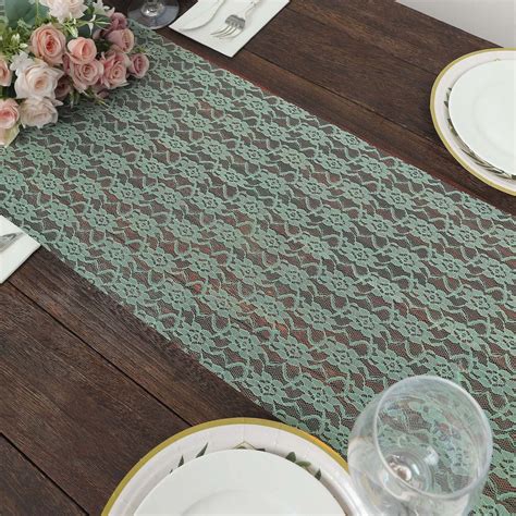 12"x108" Sage Green Floral Lace Table Runner | TableclothsFactory