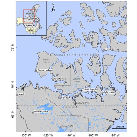 Map showing the arctic mainland Canada and Canadian Arctic Archipelago ...