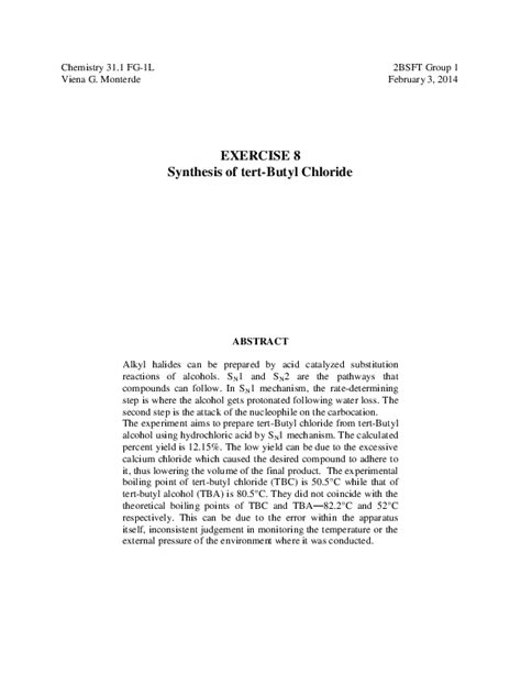 (DOC) tert-Butyl Chloride Synthesis via S N 1 Mechanism