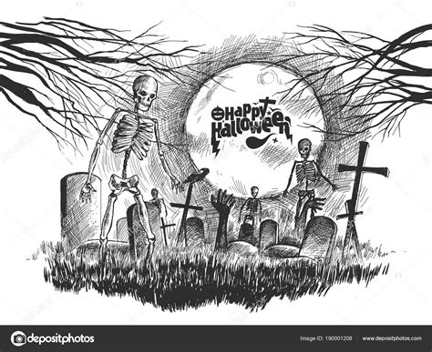 Scary graveyard - Halloween white background, Hand Drawn Sketch Stock ...