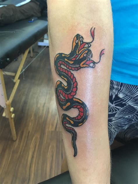 A traditional snake with two heads, done by Matt at Authentic Tattoo ...