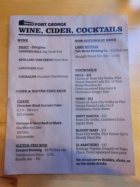 Menu at Fort George Brewery pizzeria, Astoria, Duane St