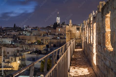 Jerusalem Old city Ramparts. Night view of ancient Jerusalem from the ...